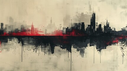 city skyline red line middle hauntingly spray negative space crimson grey sinking drowning ink splashes syndicate below fading - obrazy, fototapety, plakaty