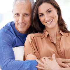 Couple, age difference and hug in portrait, love with unique relationship and support for trust at...