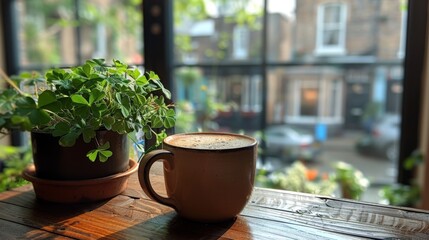 a cafe latte on a wooden table next to a pottet plant - obrazy, fototapety, plakaty