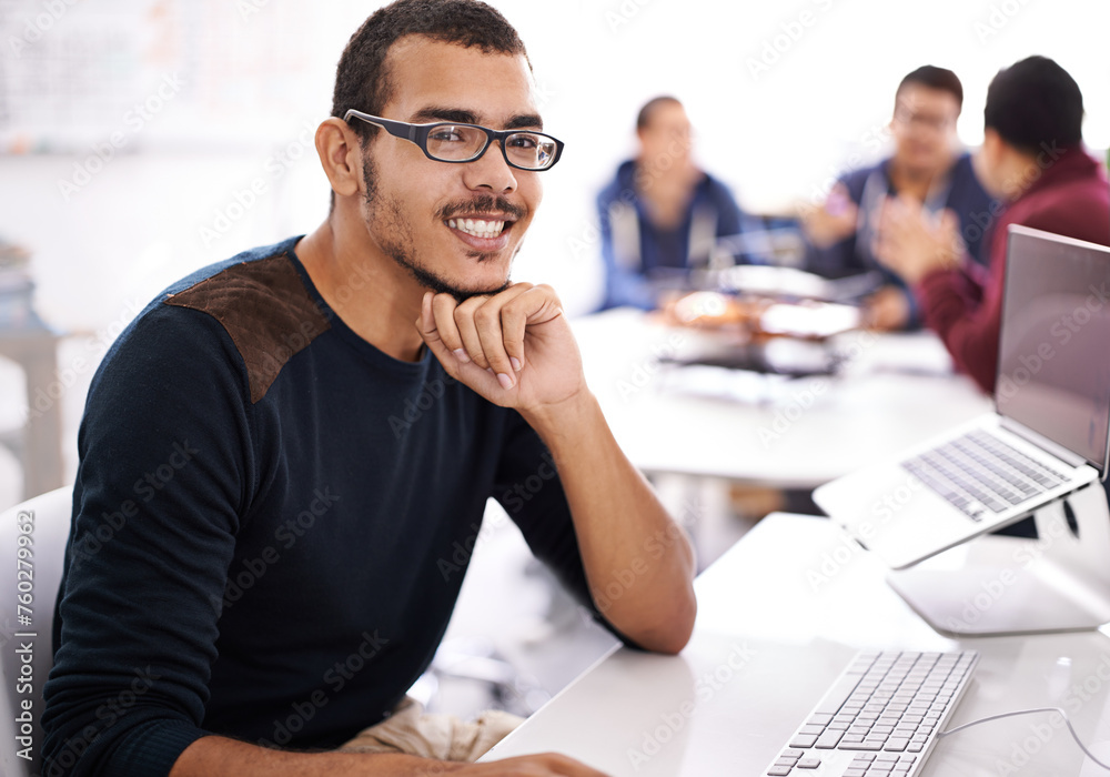 Aufkleber Young man, computer and portrait in workspace for web development, programming or information technology. Business programmer, worker or online designer in glasses for planning and startup project