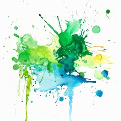 A vibrant burst of green, blue, and yellow watercolor, playfully splattered, evokes the lively spirit of spring on a white canvas.