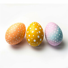 three colorful easter eggs sitting on a white surface