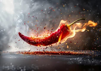 Poster hot chili being sprinkled fire smoke exotic dish table sublime cool food advertisement © Cary