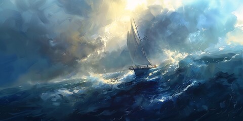 sailboat stormy ocean sun shining clouds breathtaking wave bright standing maelstrom ships sails underneath swirling liquids - obrazy, fototapety, plakaty