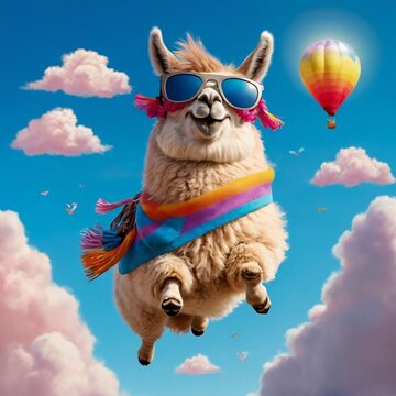 Whimsical llama soars through clouds, bringing joy with its playful antics, inspiring adventure and curiosity.
