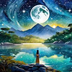 The sky and lake full of the brilliant moon and stars at night