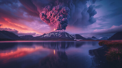 A dramatic volcano eruption with lava and smoke over a mountain, reflected in a body of water under twilight sky. Nature and disaster concept. Generative AI
