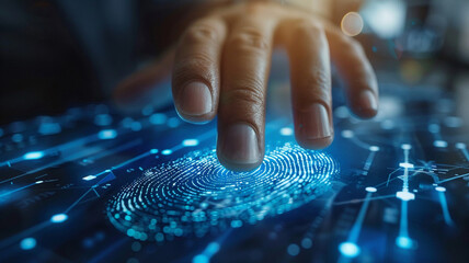 Fingerprint scan provides security access with biometrics identification. - obrazy, fototapety, plakaty
