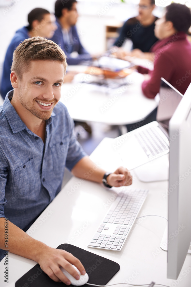 Poster Business man, computer and working at office desk for web development, programming or information technology. Young programmer, worker or online designer on multimedia, planning and startup project