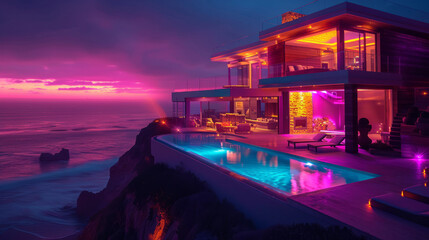 Obraz premium Luxurious villa with pool on a cliff overlooking the ocean at sunset. Architecture and travel concept. Generative AI