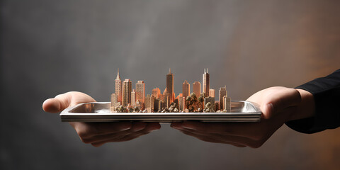 close up view of hand holding metal tray with modern city model age 