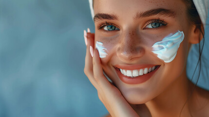 Close-up of a smiling woman applying facial cream, hyperrealistic digital illustration, blue background, skincare and beauty concept. Generative AI - obrazy, fototapety, plakaty