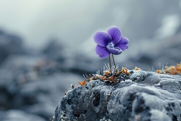 Delicate flower in bloom growing on harsh tundra rock cliff, violet blue petals, ice cold winter morning, panoramic macro closeup