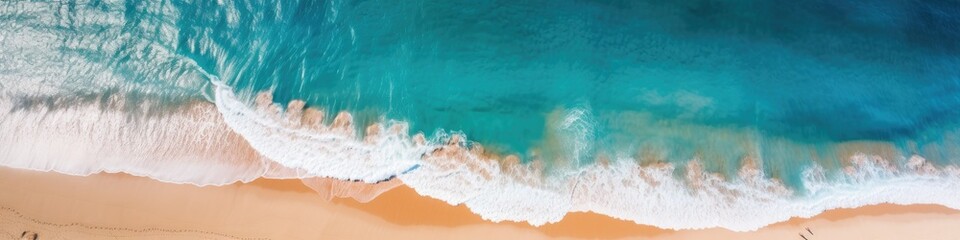 Aerial view of a paradise beach where the waves of the sea break on the shore. Top view of a sandy coast with turquoise blue water and white foam on sunny day. Summertime, marine, seashore banner.  - obrazy, fototapety, plakaty