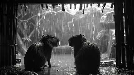 Capybaras in a bamboo hut, rainy ambiance, through-window perspective, cozy, monochrome tone