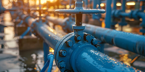 Closeup new blue taps with valve for drinking water pipeline banner industry  - obrazy, fototapety, plakaty