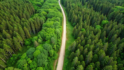 Aerial top view of dirt road winding through dense green forest