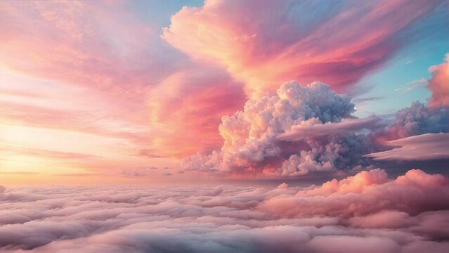 Dreamy pink and blue sky above the clouds. Generative AI Video. ProRes HQ 59.94 FPS available in 4K 16:9.