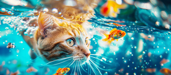 Ginger adorable cat in water and goldfish. Wildlife concept. Banner