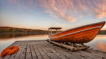 Old orange boat on the old wooden pier on the lake. - Generative AI - obrazy, fototapety, plakaty