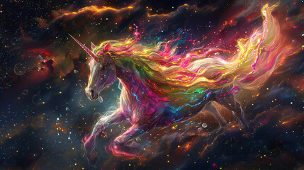 A unicorn adorned with a vibrant array of colors. - obrazy, fototapety, plakaty