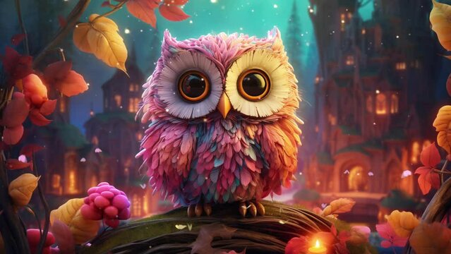 Charming owl frolicking in a playful and magical forest realm  Seamless looping 4k time-lapse virtual video animation background. Generated AI