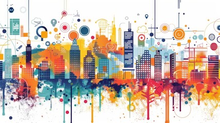 Artistic urban cityscape with colorful splashes - An abstract composition blending urban structures with vivid color splashes and geometric shapes, symbolizing the dynamic and vibrant nature of city l