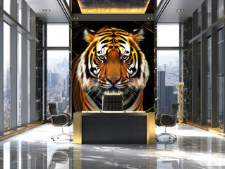A regal tiger exuding power and prestige in a high-end corporate office setting