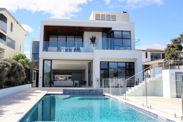 modern two-story house with a swimming pool in the backyard, beige walls and glass window