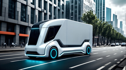 Futuristic electric truck vehicles automatic on the road.