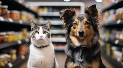 Pet shop, cat and dog in store, animal accessories, happy dog in pet supermarket - obrazy, fototapety, plakaty