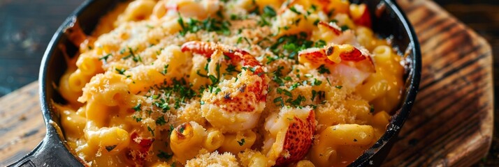 Delicious lobster mac and cheese dish - High-angle view of creamy lobster mac and cheese in a skillet, garnished with fresh parsley and spices - obrazy, fototapety, plakaty