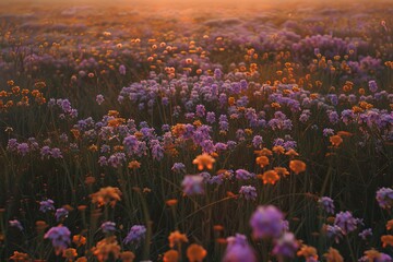 field full of purple and orange flowers color field