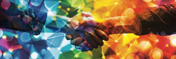 Handshake with colorful geometric background - A digital image depicting a strong handshake between two people set against a vibrant geometric pattern - obrazy, fototapety, plakaty