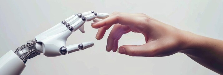 Human and robot hands about to touch - A conceptual image capturing the moment of interaction between a human hand and a robotic hand, signifying AI development - obrazy, fototapety, plakaty
