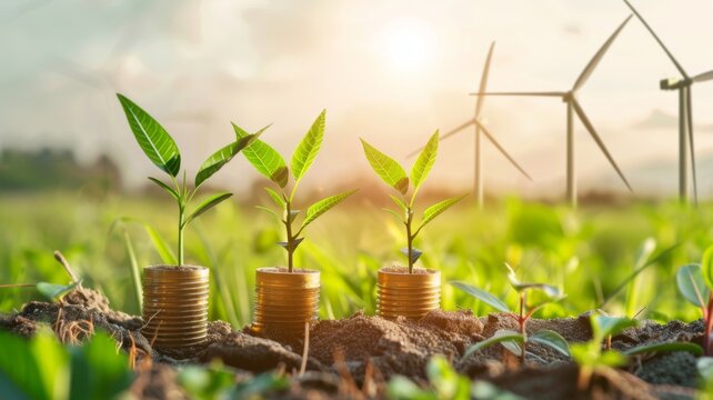 Growing plants on coins in sunlight - Bright and inspiring image of coins stacked with growing plants on top Indicates investment, growth, and sustainable finance