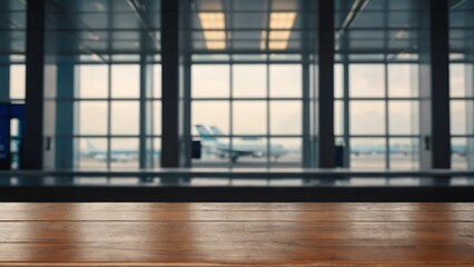 Empty wooden table with beautiful airport background, photorealistic	 - obrazy, fototapety, plakaty