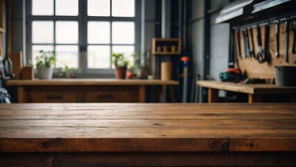 Empty wooden table with beautiful Garage background, photorealistic
