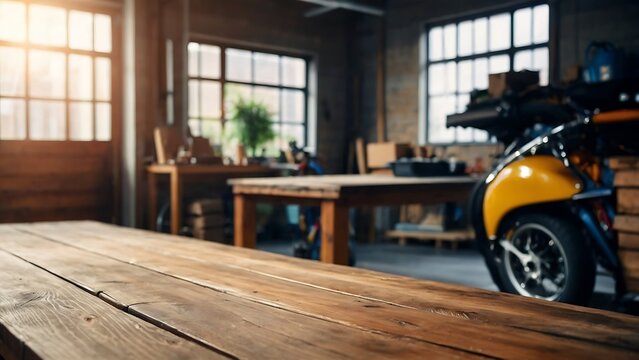 Empty wooden table with beautiful Garage background, photorealistic