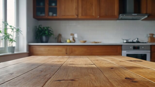 Empty wooden table with beautiful kitchen background, photorealistic	