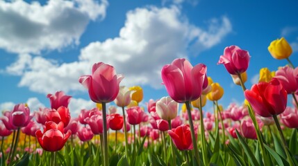 A field of tulips beneath a sky filled with fluffy clouds,  creating a vibrant and cheerful natural backdrop