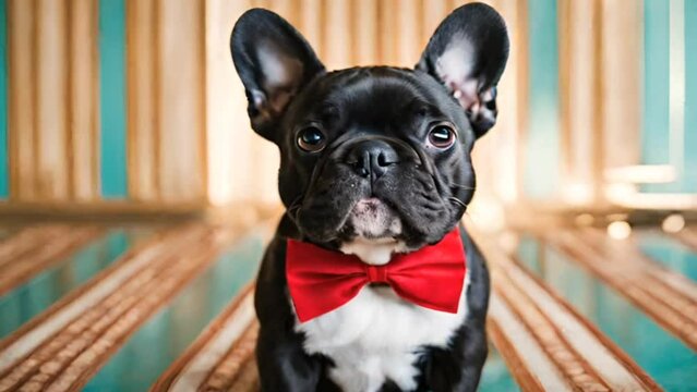 french bulldog puppy with a red tie bow