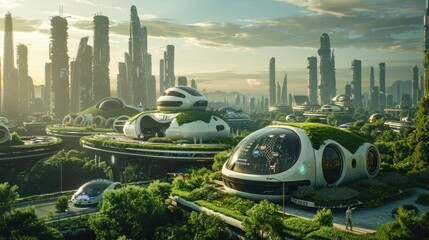Digital art of a sustainable, futuristic city with green architecture and advanced transportation systems amidst high-rises. - obrazy, fototapety, plakaty