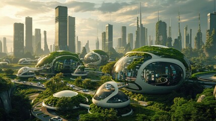 Digital art of a sustainable, futuristic city with green architecture and advanced transportation systems amidst high-rises.