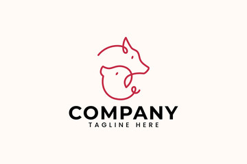 cow and pig line art logo design for animal food farm restaurant company business