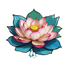 a pink flower with green leaves on a transparent background, colored illustration for tattoo, standing gracefully upon a lotus