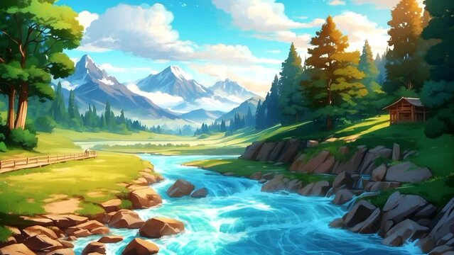 background of mountain views and flowing river water, video illustration in the style of Japanese anime or cartoon watercolor painting. Smooth and repeatable animations