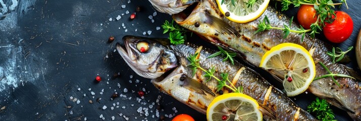 Whole grilled fish with lemon and herbs on dark - Whole grilled fish with lemon slices, herbs and a garnish on a dark textured background - obrazy, fototapety, plakaty
