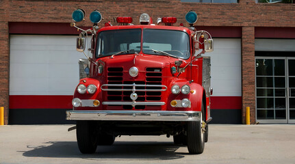 Front view of an old fire truck in front of a fire station. generative.ai - obrazy, fototapety, plakaty
