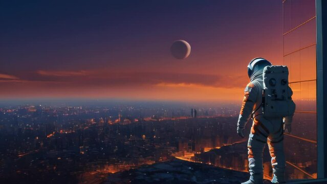 An astronaut from a high vantage point overlooks a city on Earth, with a beautiful sunset and a massive planet looming in the background.
